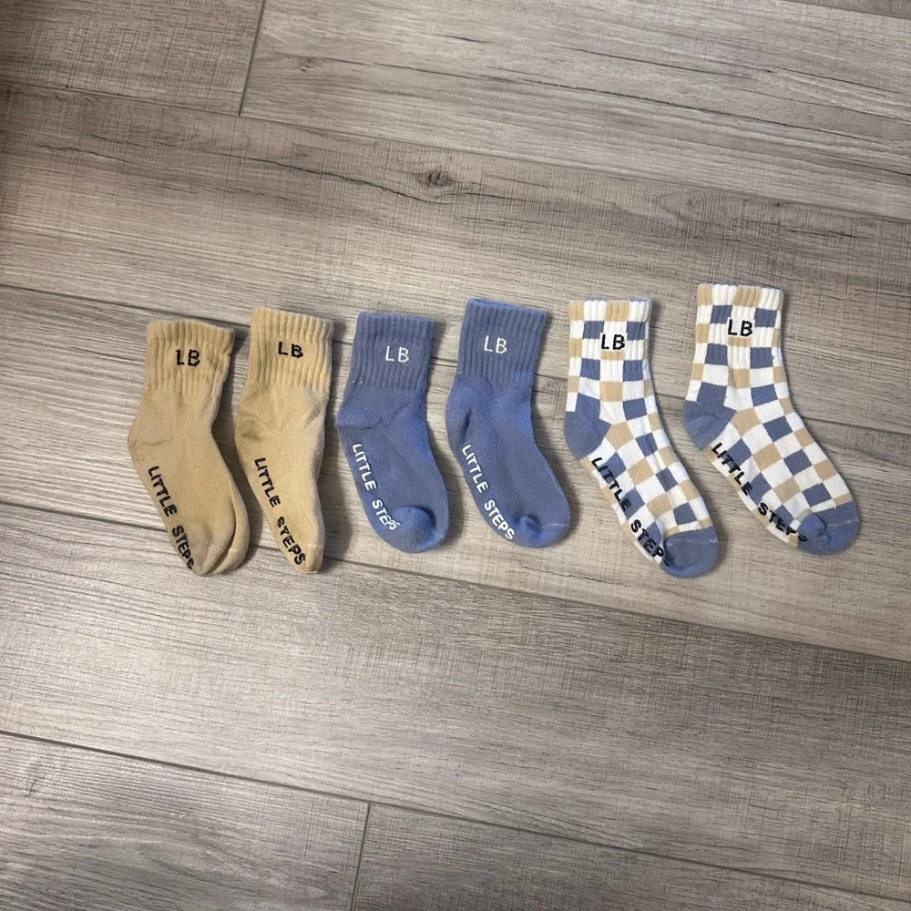 Kid’s Cotton Blend Ankle Socks - Beige & Light Blue (3-Pack) size 2-4